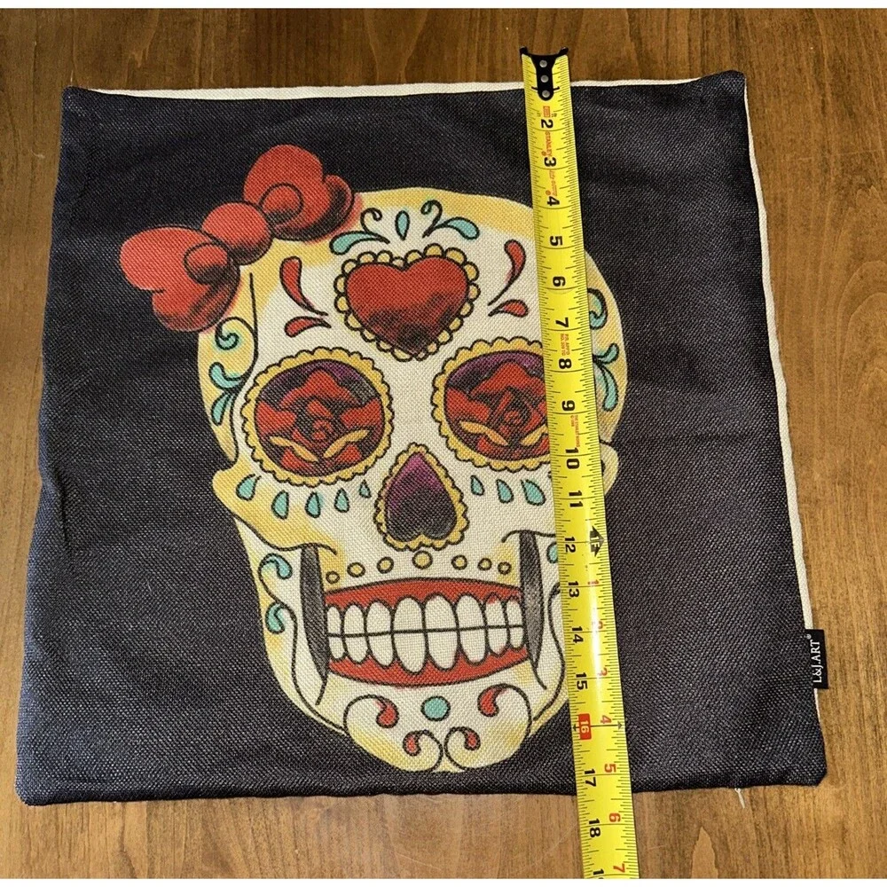 Day of the Dead Sugar Skull Black Red Bow Pillow Cover Diade Muertos 17 X17
